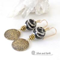 Faceted Black & White Tibetan Agate Earrings with Textured Gold Brass Dangles - Unique Modern Boho Chic Jewelry