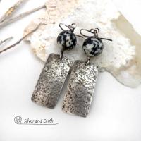 Sterling Silver Earrings with Black White Gray Agate Gemstones - Modern Contemporary Statement Jewelry