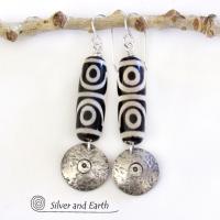 Tibetan Dzi Agate Sterling Silver Dangle Earrings with Bold Ethnic Tribal White Black Pattern 