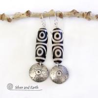 Tibetan Dzi Agate Sterling Silver Dangle Earrings with Bold Ethnic Tribal White Black Pattern 