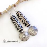 Tibetan Dzi Agate Sterling Silver Dangle Earrings with Bold Ethnic Tribal White Black Pattern