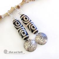 Tibetan Dzi Agate Sterling Silver Dangle Earrings with Bold Ethnic Tribal White Black Pattern 