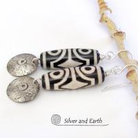 Tibetan Dzi Agate Sterling Silver Dangle Earrings with Bold Ethnic Tribal White Black Pattern 