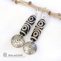 Tibetan Dzi Agate Sterling Silver Dangle Earrings with Bold Ethnic Tribal White Black Pattern