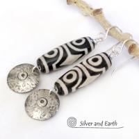 Tibetan Dzi Agate Sterling Silver Dangle Earrings with Bold Ethnic Tribal White Black Pattern 