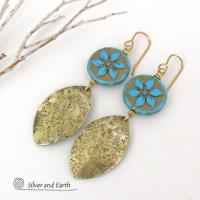 Blue Flower Glass Earrings with Gold Brass Leaf Shaped Dangles - Unique Nature Jewelry Gifts for Women