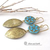 Blue Flower Glass Earrings with Gold Brass Leaf Shaped Dangles - Unique Nature Jewelry Gifts for Women