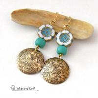 Gold Brass Earrings with Flower Beads and Turquoise Color Glass Beads - Unique Nature Jewelry Gifts for Women