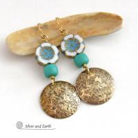 Gold Brass Earrings with Flower Beads and Turquoise Color Glass Beads - Unique Nature Jewelry Gifts for Women