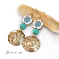Gold Brass Earrings with Flower Beads and Turquoise Color Glass Beads - Unique Nature Jewelry Gifts for Women