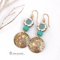Gold Brass Earrings with Flower Beads and Turquoise Color Glass Beads - Unique Nature Jewelry Gifts for Women