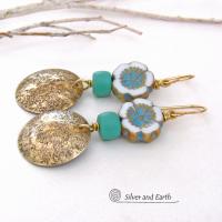 Gold Brass Earrings with Flower Beads and Turquoise Color Glass Beads - Unique Nature Jewelry Gifts for Women