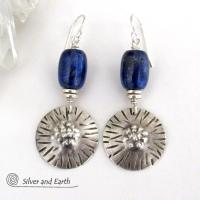 Textured Sterling Silver Earrings with Blue Lapis Lazuli Stones - Unique Handcrafted Jewelry