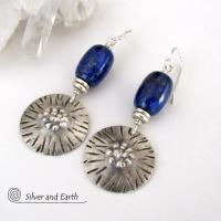 Textured Sterling Silver Earrings with Blue Lapis Lazuli Stones - Unique Handcrafted Jewelry