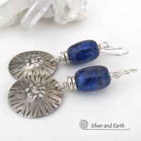 Textured Sterling Silver Earrings with Blue Lapis Lazuli Stones - Unique Handcrafted Jewelry