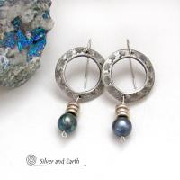 Silver Pewter Circle Hoop Earrings with Blue Pearl Dangles - Modern Elegant Chic Freshwater Pearl Jewelry