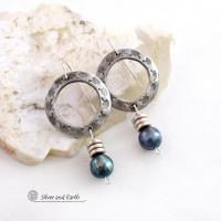 Silver Pewter Circle Hoop Earrings with Blue Pearl Dangles - Modern Elegant Chic Freshwater Pearl Jewelry