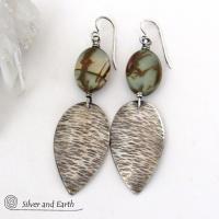 Handcrafted Long Sterling Silver Dangle Earrings with Natural Picasso Jasper Stones