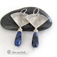 Textured Sterling Silver Earrings with Blue Sodalite Gemstones - Handcrafted Artisan Silversmith Jewelry