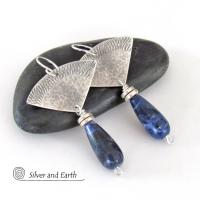 Textured Sterling Silver Earrings with Blue Sodalite Gemstones - Handcrafted Artisan Silversmith Jewelry