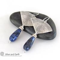 Textured Sterling Silver Earrings with Blue Sodalite Gemstones - Handcrafted Artisan Silversmith Jewelry