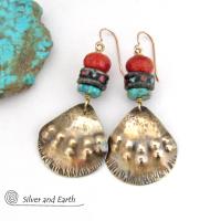 Brass Tribal Earrings with African Beads, Turquoise & Red Coral - Unique Handmade Boho Ethnic Style Jewelry