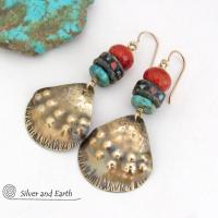 Brass Tribal Earrings with African Beads, Turquoise & Red Coral - Unique Handmade Boho Ethnic Style Jewelry
