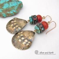 Brass Tribal Earrings with African Beads, Turquoise & Red Coral - Unique Handmade Boho Ethnic Style Jewelry