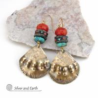 Brass Tribal Earrings with African Beads, Turquoise & Red Coral - Unique Handmade Boho Ethnic Style Jewelry