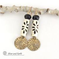 Textuerd Gold Brass Dangle Earrings with African Carved Bone Beads - Bold Unique Boho Tribal Jewelry