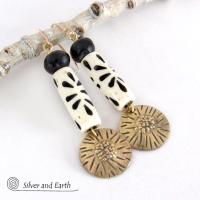 Textuerd Gold Brass Dangle Earrings with African Carved Bone Beads - Bold Unique Boho Tribal Jewelry