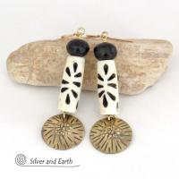 Textuerd Gold Brass Dangle Earrings with African Carved Bone Beads - Bold Unique Boho Tribal Jewelry