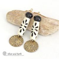 Textuerd Gold Brass Dangle Earrings with African Carved Bone Beads - Bold Unique Boho Tribal Jewelry