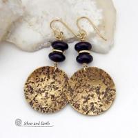 These handcrafted gold brass earrings have a hammered organic texture and are accented with black glass and shiny gold brass beads. They have a contemporary modern style with a timeless classic design that is always in fashion - dressed up or down. They'll coordinate beautifully with all wardrobe types. Makes a perfect 21st anniversary gift for your wife - brass is the traditional metal for this occasion. Handmade in the USA by Silver and Earth Jewelry. 