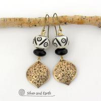 Gold Brass Earrings with African Carved Bone & Black Glass Beads - Unique Boho Style Jewelry