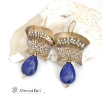 Gold Brass Egyptian Earrings with Lapis Lazuli Gemstones - Bold Exotic Statement Jewelry