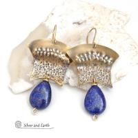 Gold Brass Egyptian Earrings with Lapis Lazuli Gemstones - Bold Exotic Statement Jewelry
