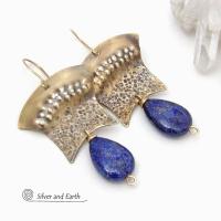 Gold Brass Egyptian Earrings with Lapis Lazuli Gemstones - Bold Exotic Statement Jewelry
