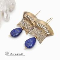 Gold Brass Egyptian Earrings with Lapis Lazuli Gemstones - Bold Exotic Statement Jewelry