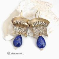 Gold Brass Egyptian Earrings with Lapis Lazuli Gemstones - Bold Exotic Statement Jewelry