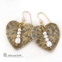 Gold Brass Heart Earrings with White Pearl Dangles - Anniversary Gifts for Women