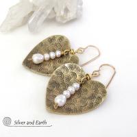 Gold Brass Heart Earrings with White Pearl Dangles - Anniversary Gifts for Women