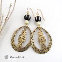 Large Gold Brass Hoop Dangle Earrings with African Batik & Bone Beads - Ethnic Tribal Bohemian Style Jewelry