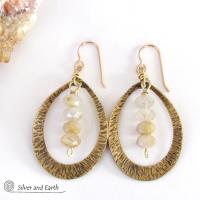 Gold Brass Hoop Earrings with Golden Rutilated Quartz Crystals -  Bold Modern Handcrafted Artisan Gemstone Jewelry