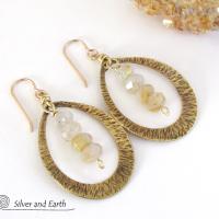 Gold Brass Hoop Earrings with Golden Rutilated Quartz Crystals -  Bold Modern Handcrafted Artisan Gemstone Jewelry