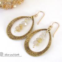 Gold Brass Hoop Earrings with Golden Rutilated Quartz Crystals -  Bold Modern Handcrafted Artisan Gemstone Jewelry