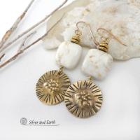 Textured Gold Brass Dangle Earrings with Creamy White Magnesite Stones