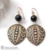 Embossed Gold Brass Earrings with Black Onyx Gemstones - Avant Garde Art Deco Style Jewelry