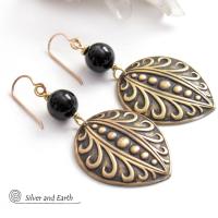 Embossed Gold Brass Earrings with Black Onyx Gemstones - Avant Garde Art Deco Style Jewelry