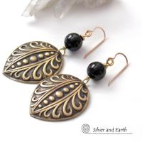 Embossed Gold Brass Earrings with Black Onyx Gemstones - Avant Garde Art Deco Style Jewelry